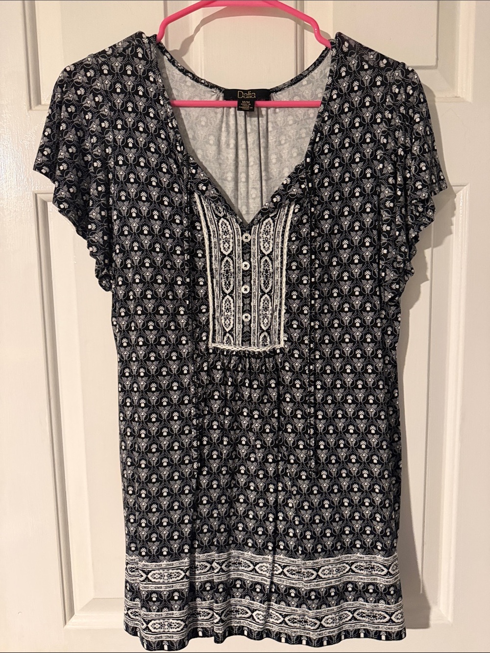Dalia Navy & White Printed V-Neck Short Sleeve Top